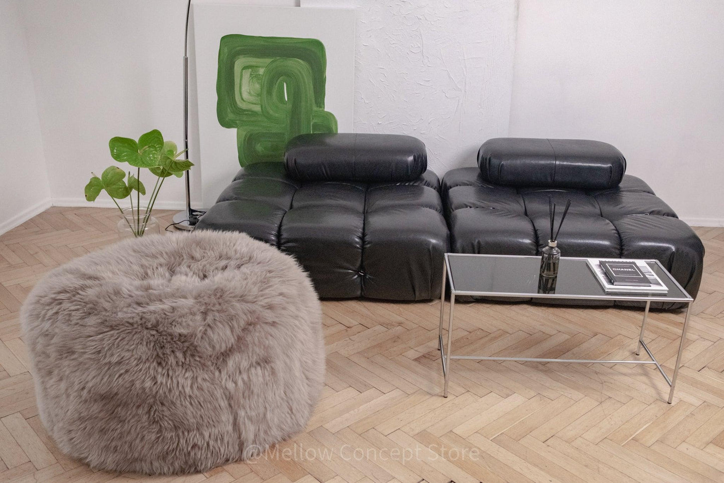 Natural Sheepskin Pouf / Ottoman Greige