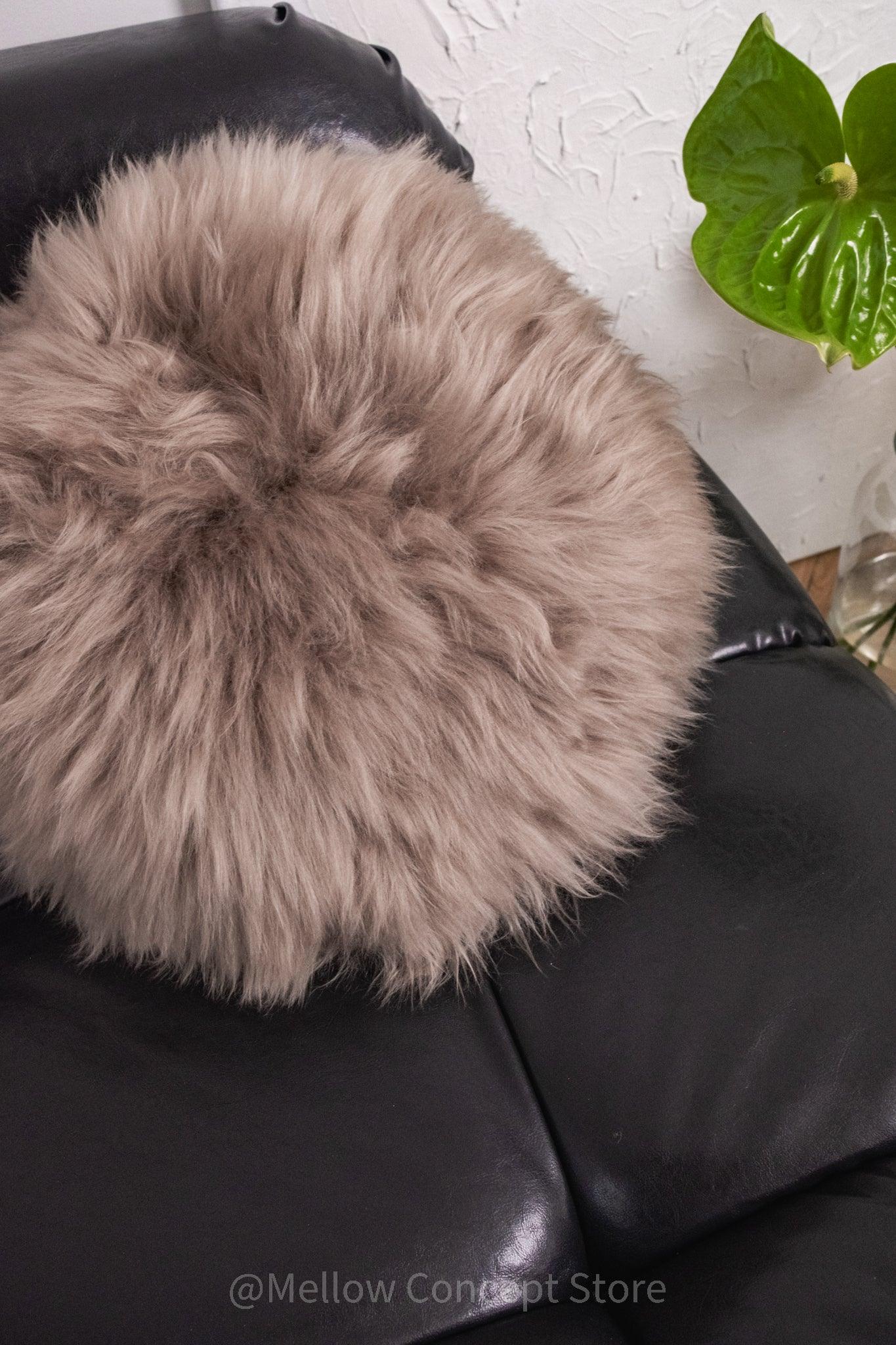 Round Natural Sheepskin Pillow Greige