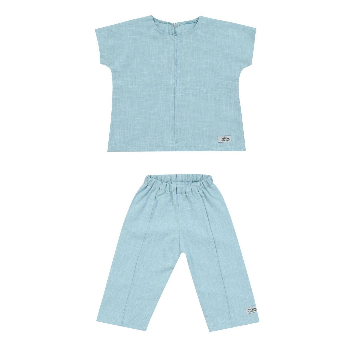 A Ramie Baby/Kid Clothing Set in blue made from hypoallergenic ramie fabric, perfect for delicate skin by Mellow Concept Store.