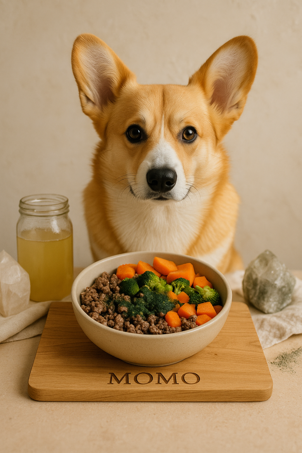 Corgi named Momo sits behind a bowl of homemade dog food with ground beef, carrots, and broccoli, next to a jar of bone broth.