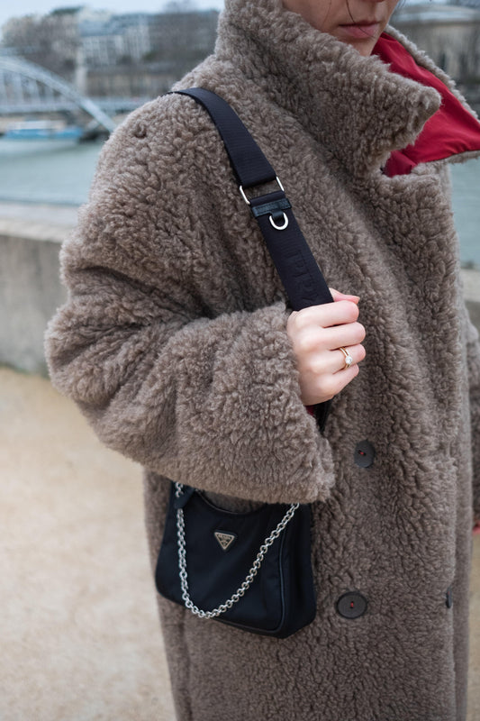 Oversized Woolen Coat with Maroon Silk Lining - Beige