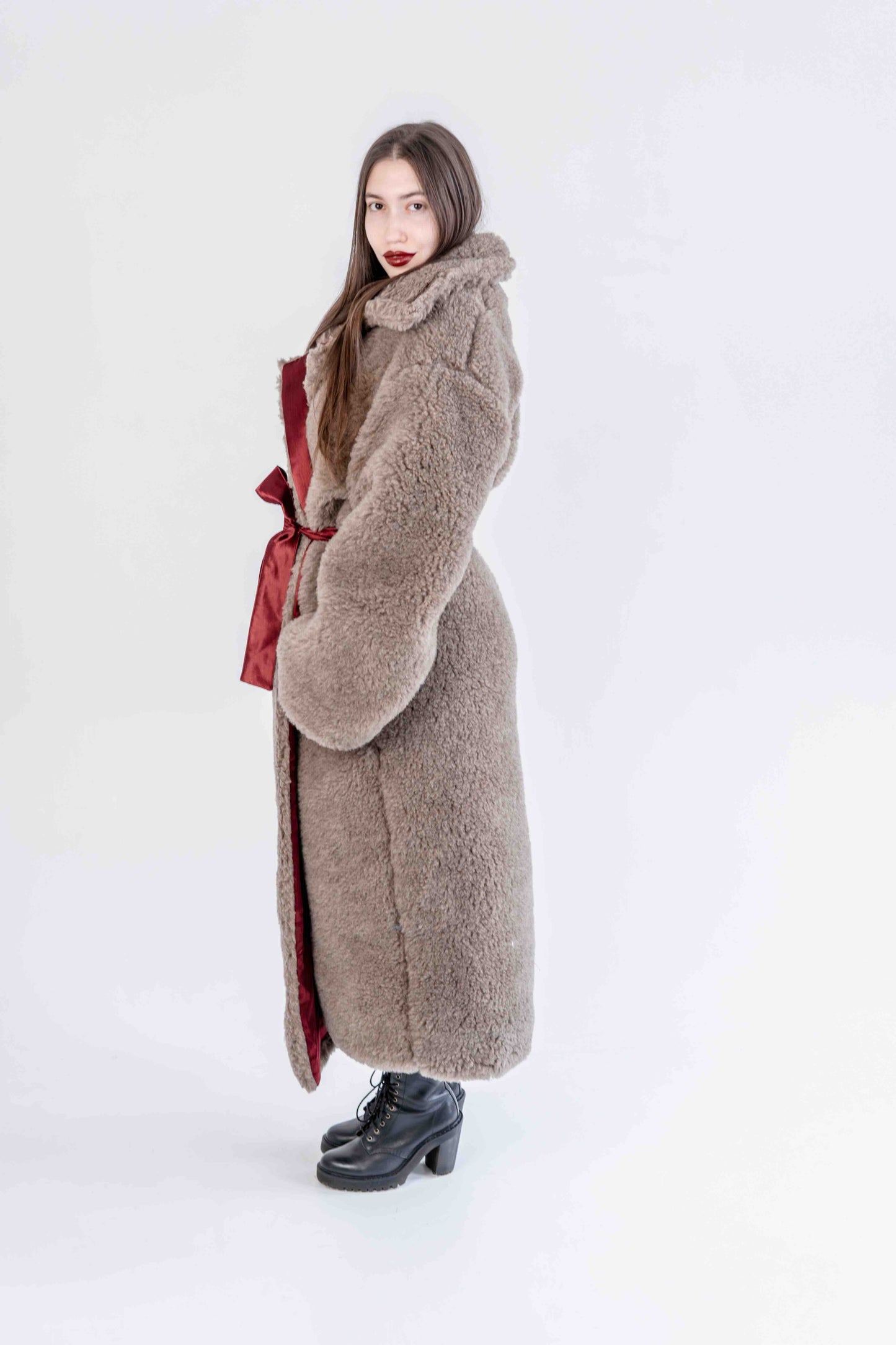 Oversized Woolen Coat with Maroon Silk Lining - Beige