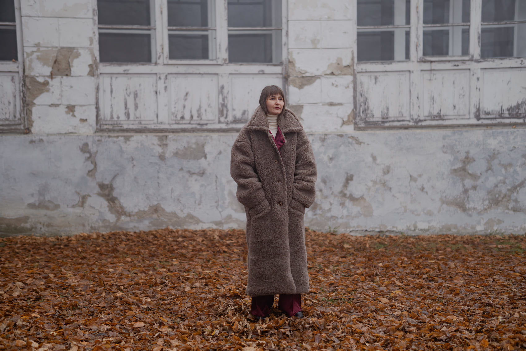 Oversized Woolen Coat with Maroon Silk Lining - Beige