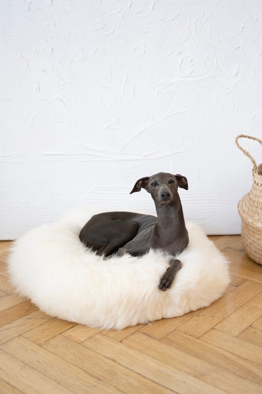 Round Natural Sheepskin Pet Bed - White