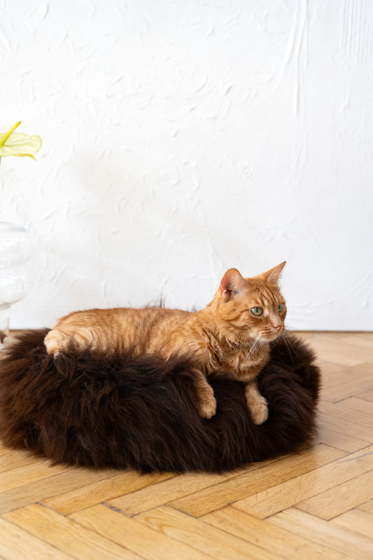 Round Natural Sheepskin Pet Bed - Brown