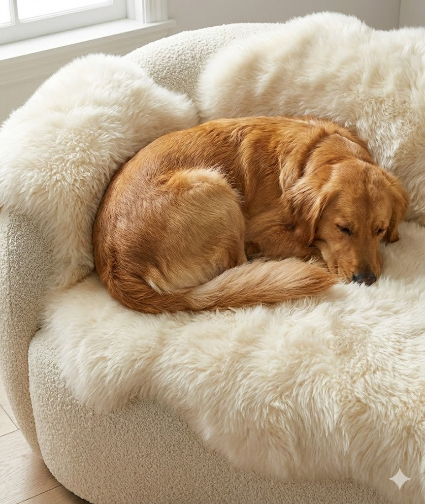 Genuine Ivory Sheepskin Couch Cover for Dogs — Natural Sofa Protector (Plastic-Free)