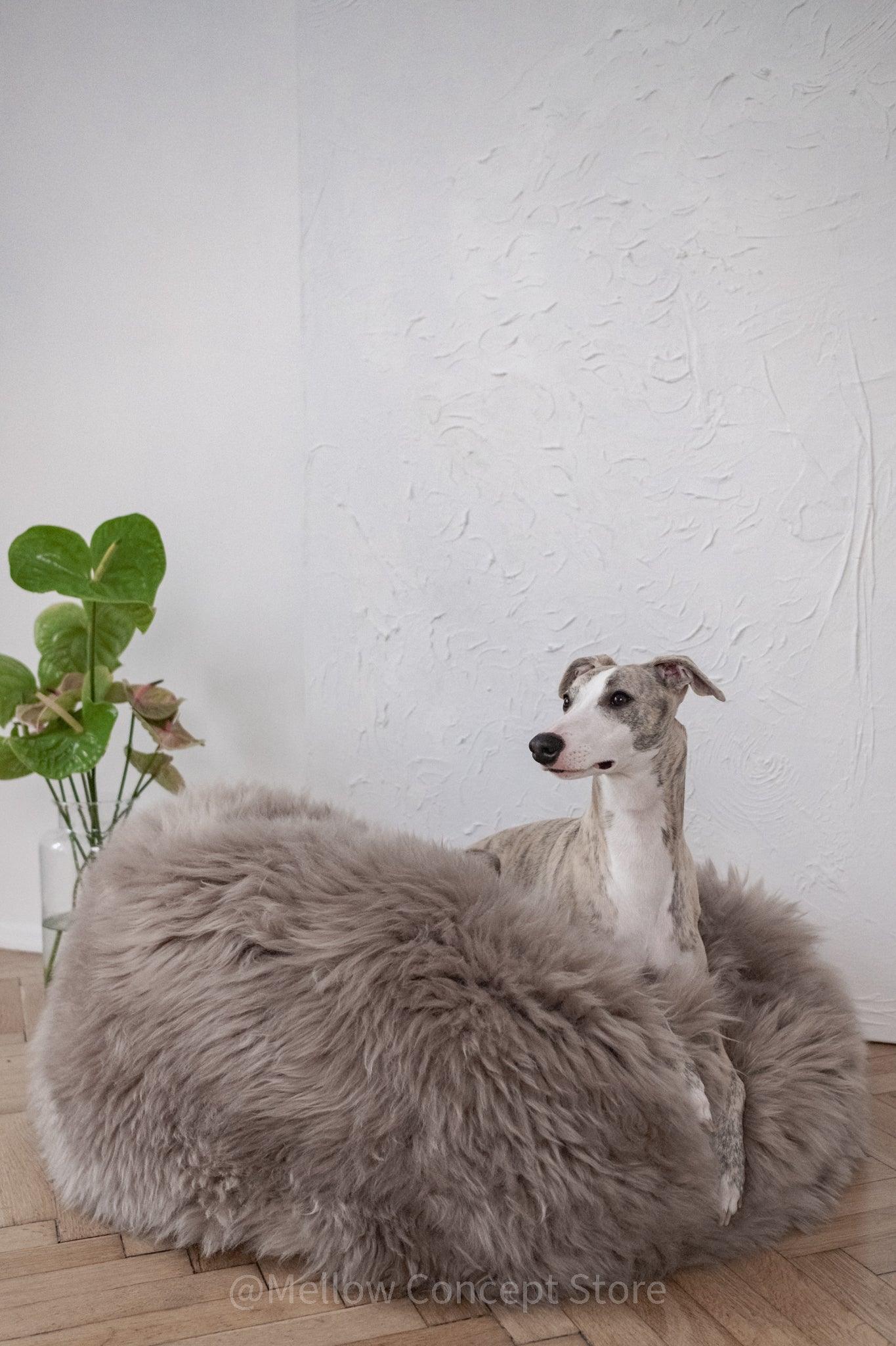 Oval Natural Sheepskin Pet Bed - Greige