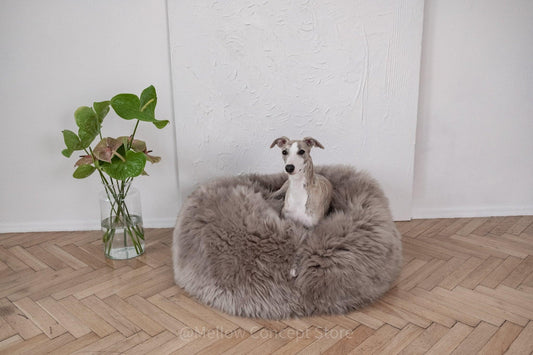 Oval Natural Sheepskin Pet Bed - Greige