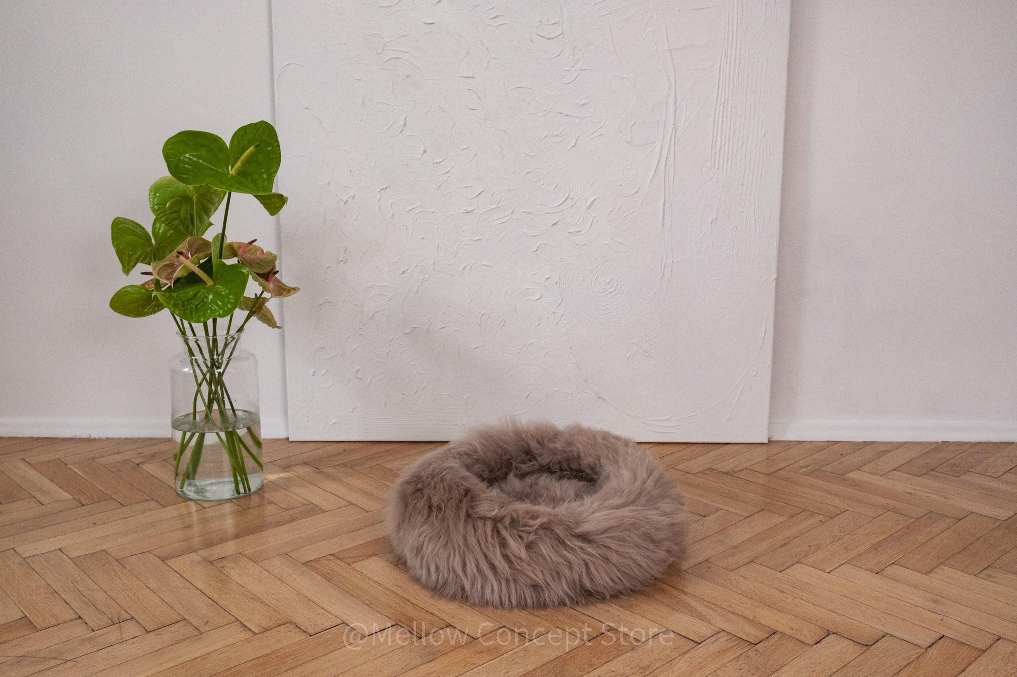 Greige Luxurious Real Sheepskin Cat Bed | Mellow Concept Store